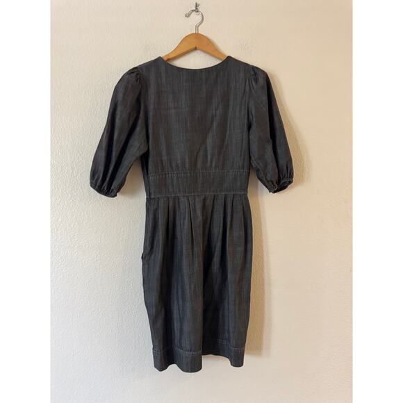 MYNK Hauteur Chambray Mini Dress Size S Dark Wash Plunge V-Neck Empire - Picture 3 of 9